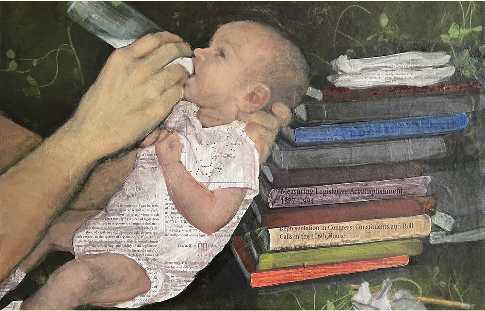 A painting by Sarah Clinton of Alexander as a baby, set against a stack of academic papers